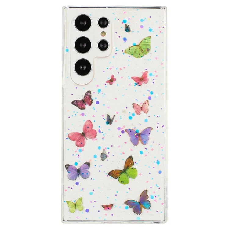 Funda para Samsung Galaxy S25 Ultra Anti Caída de TPU Tapa trasera del teléfono Epoxy Glitter Mariposa - Rosa