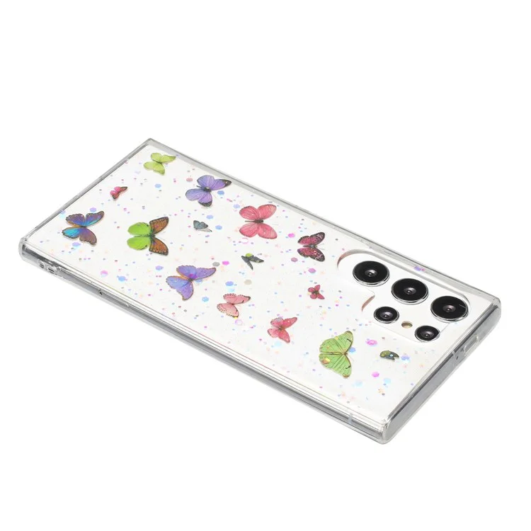 Funda para Samsung Galaxy S25 Ultra Anti Caída de TPU Tapa trasera del teléfono Epoxy Glitter Mariposa - Rosa