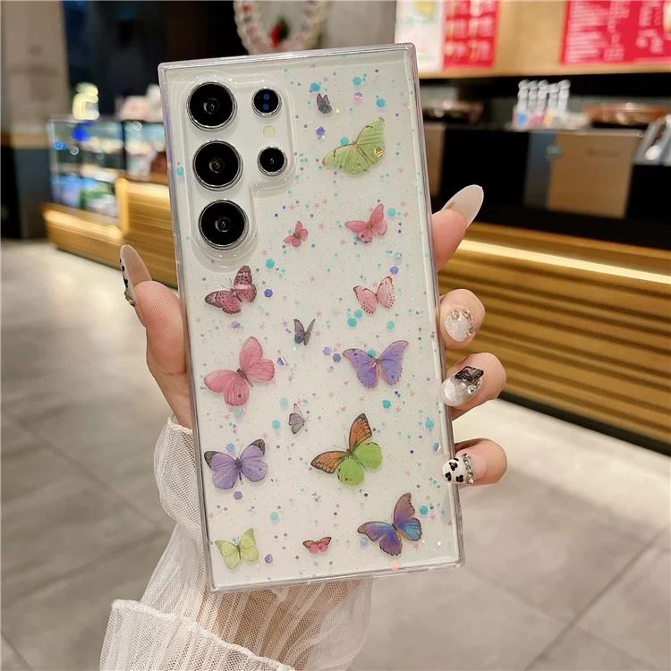Funda para Samsung Galaxy S25 Ultra Anti Caída de TPU Tapa trasera del teléfono Epoxy Glitter Mariposa - Rosa