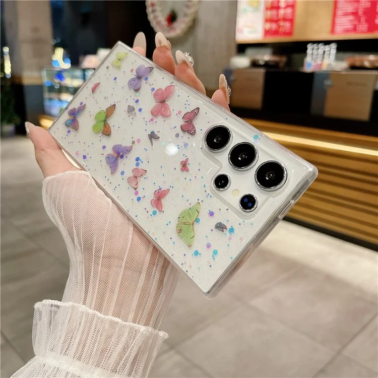 Funda para Samsung Galaxy S25 Ultra Anti Caída de TPU Tapa trasera del teléfono Epoxy Glitter Mariposa - Rosa