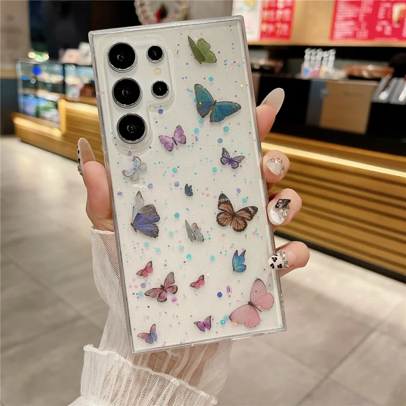 Samsung Galaxy S25 Ultra-hoesje tegen vallen TPU telefoonhoesje met epoxy glitters vlinder - Blauw