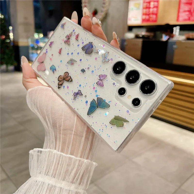 Samsung Galaxy S25 Ultra-hoesje tegen vallen TPU telefoonhoesje met epoxy glitters vlinder - Blauw