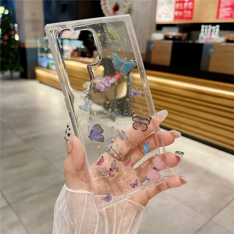 Samsung Galaxy S25 Ultra-hoesje tegen vallen TPU telefoonhoesje met epoxy glitters vlinder - Blauw