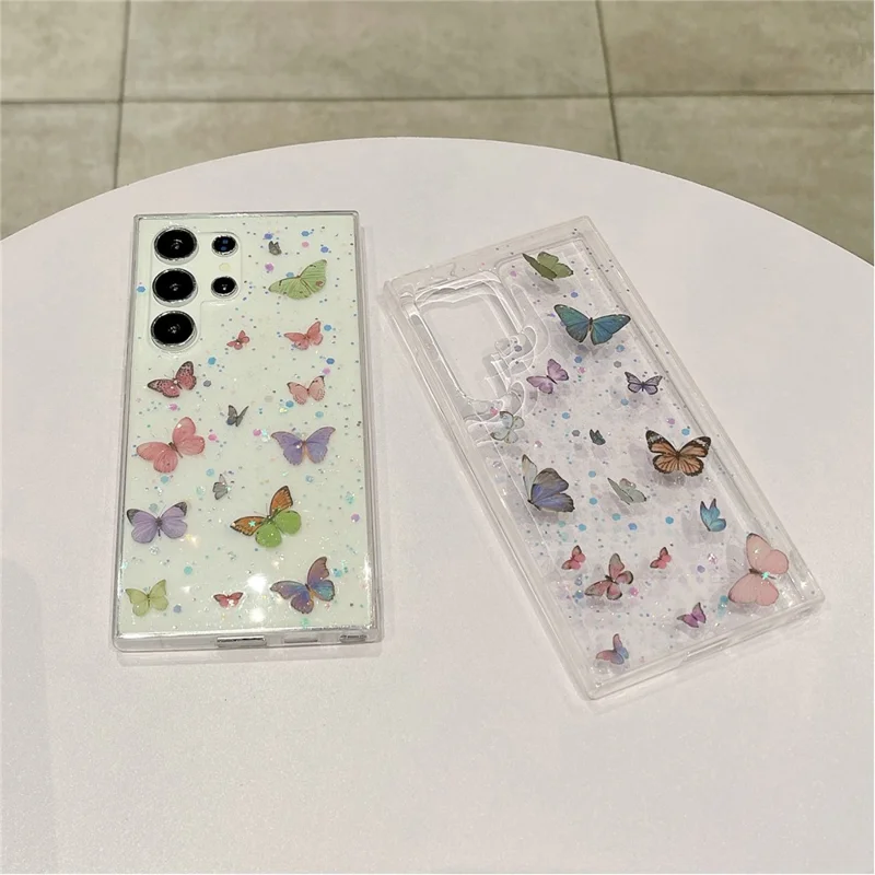 Samsung Galaxy S25 Ultra-hoesje tegen vallen TPU telefoonhoesje met epoxy glitters vlinder - Blauw