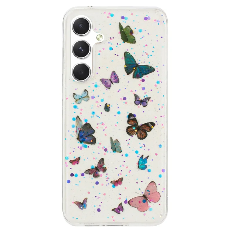 For Samsung Galaxy A35 5G Case Anti Drop TPU Phone Back Cover Epoxy Glitter Butterfly - Blue