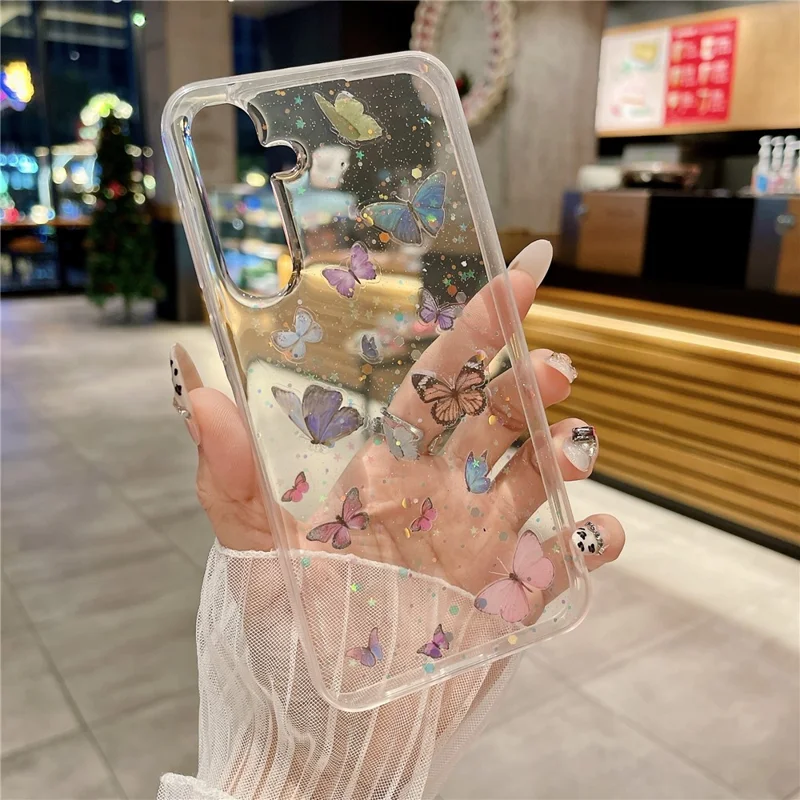 For Samsung Galaxy A35 5G Case Anti Drop TPU Phone Back Cover Epoxy Glitter Butterfly - Blue