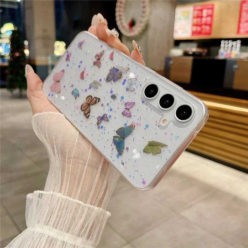 For Samsung Galaxy A35 5G Case Anti Drop TPU Phone Back Cover Epoxy Glitter Butterfly - Blue