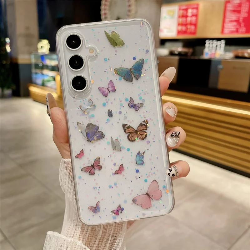 For Samsung Galaxy A16 5G / A16 4G Case Anti Drop TPU Phone Back Cover Epoxy Glitter Butterfly - Blue