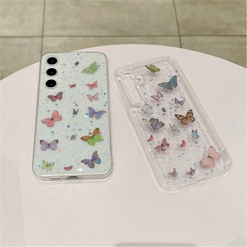 For Samsung Galaxy A16 5G / A16 4G Case Anti Drop TPU Phone Back Cover Epoxy Glitter Butterfly - Blue
