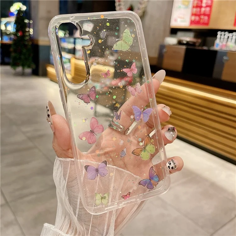Funda para Samsung Galaxy S23 FE Antichoque TPU Cubierta trasera del teléfono Resina epoxi Purpurina Mariposa - Rosa