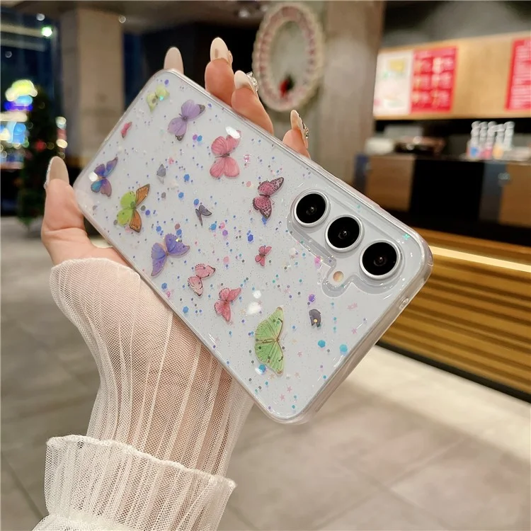 Funda para Samsung Galaxy S23 FE Antichoque TPU Cubierta trasera del teléfono Resina epoxi Purpurina Mariposa - Rosa