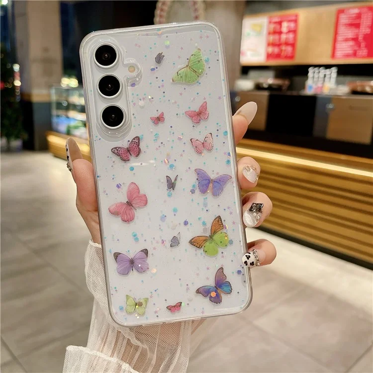 Funda para Samsung Galaxy S24 FE, antideslizante, de TPU, cubierta trasera del teléfono con esmalte de purpurina con mariposa - Rosa