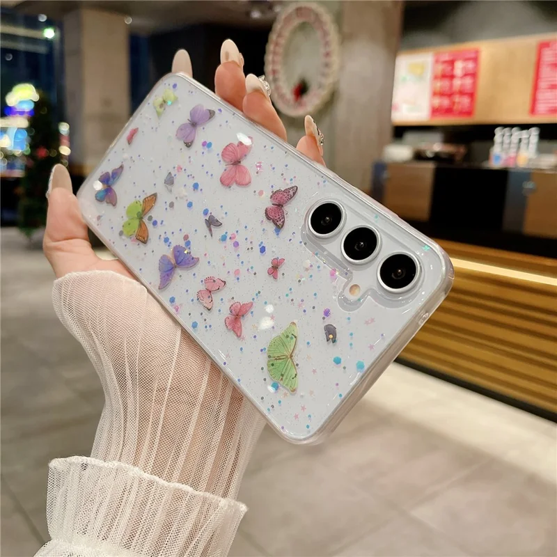 Funda para Samsung Galaxy S24 FE, antideslizante, de TPU, cubierta trasera del teléfono con esmalte de purpurina con mariposa - Rosa