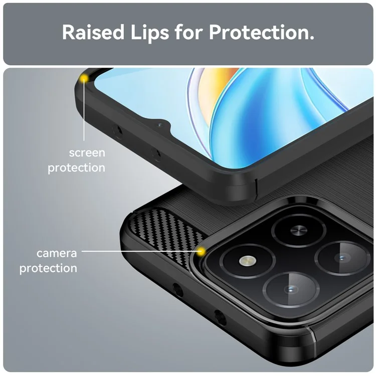 For Honor X5b Plus Case Carbon Fiber Texture Brushed Anti Fingerprint Phone Back Cover - Black