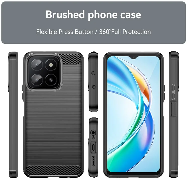 For Honor X5b Plus Case Carbon Fiber Texture Brushed Anti Fingerprint Phone Back Cover - Black