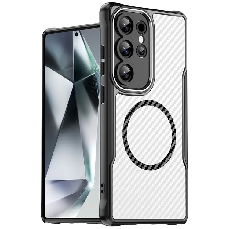 Чехол для Samsung Galaxy S25 Ultra совместимый с MagSafe, TPU+PC, с волокном из углеродного волокна - черный