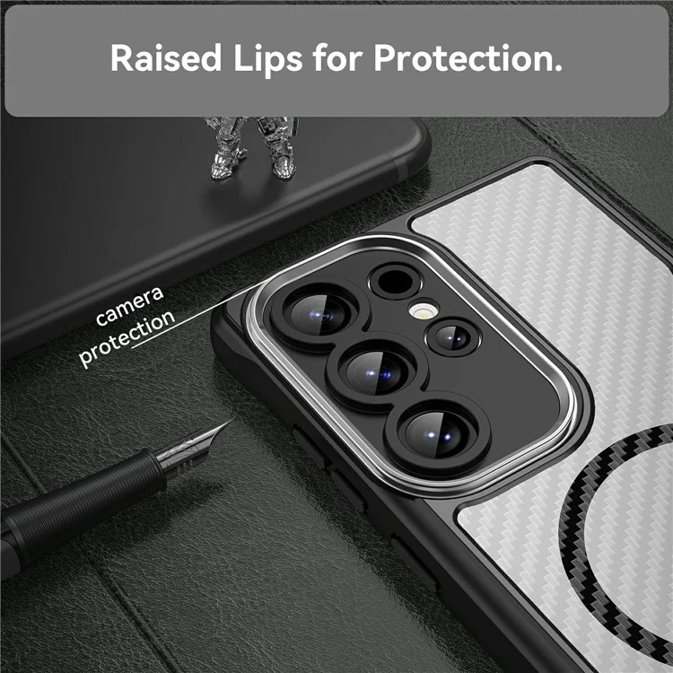 Чехол для Samsung Galaxy S25 Ultra совместимый с MagSafe, TPU+PC, с волокном из углеродного волокна - черный