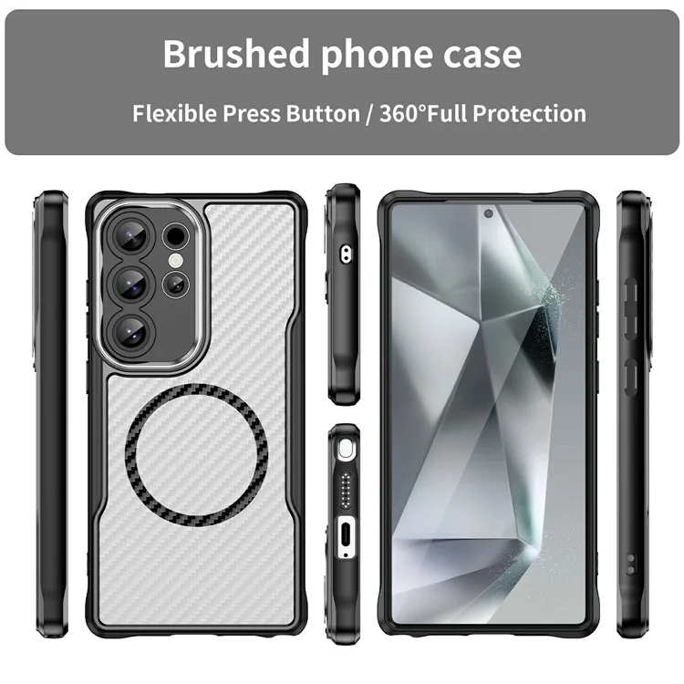 Чехол для Samsung Galaxy S25 Ultra совместимый с MagSafe, TPU+PC, с волокном из углеродного волокна - черный