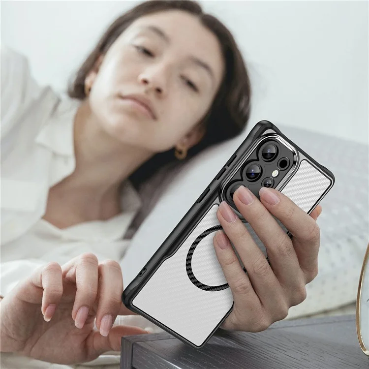 Чехол для Samsung Galaxy S25 Ultra совместимый с MagSafe, TPU+PC, с волокном из углеродного волокна - черный