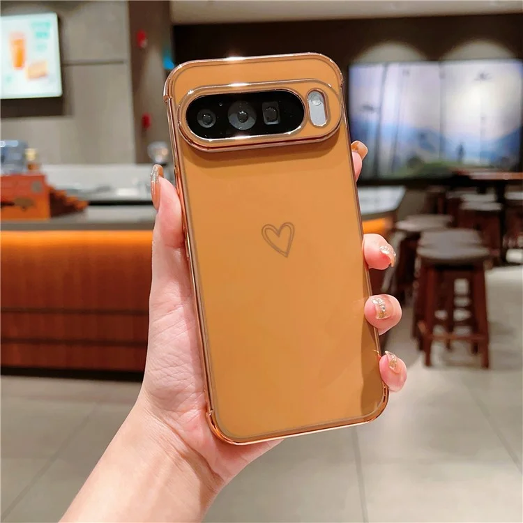Coque pour Google Pixel 9 Pro XL, motif cœur d'amour en TPU, bordure électroplaquée - Marron