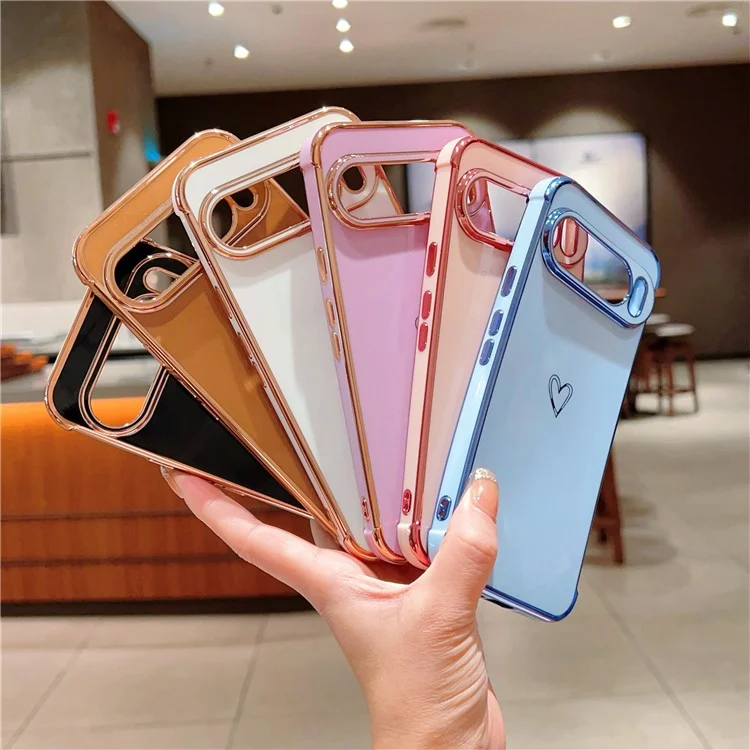 Coque pour Google Pixel 9 Pro XL, motif cœur d'amour en TPU, bordure électroplaquée - Marron
