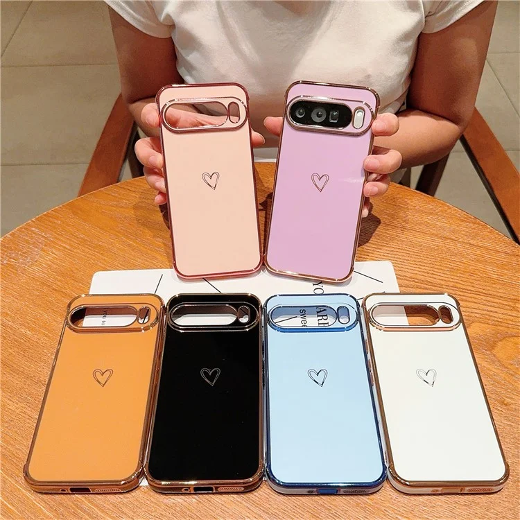 Coque pour Google Pixel 9 Pro XL, motif cœur d'amour en TPU, bordure électroplaquée - Marron