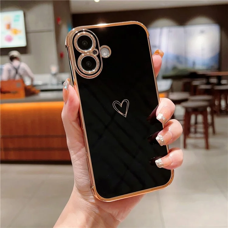 Чехол для iPhone 16 с узором в форме сердца, изготовленный из TPU, с электроплатированным краем - черный
