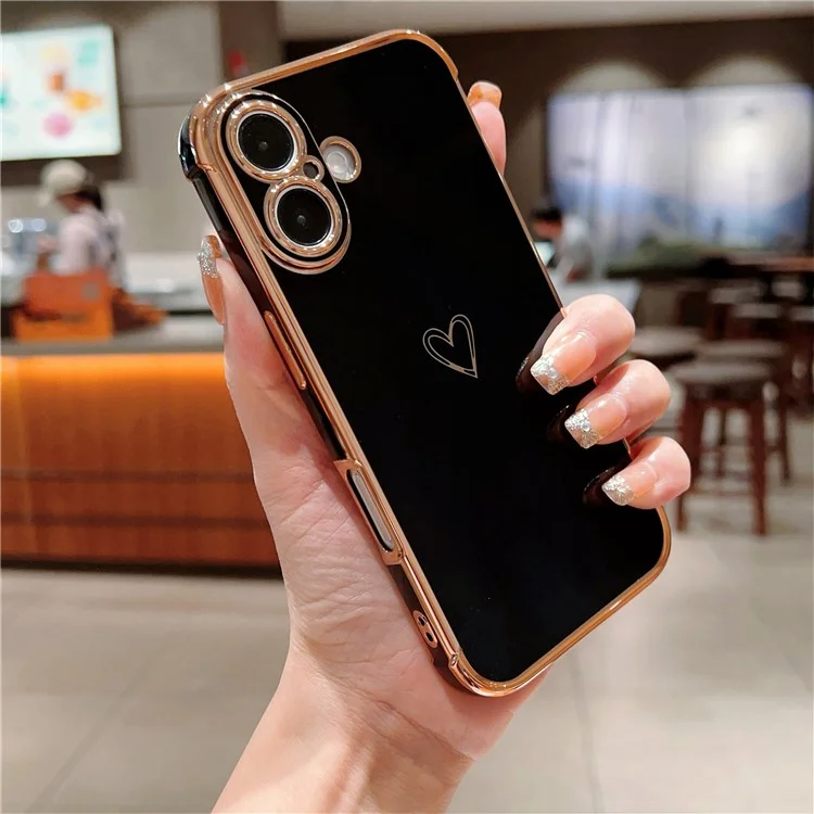 Чехол для iPhone 16 с узором в форме сердца, изготовленный из TPU, с электроплатированным краем - черный