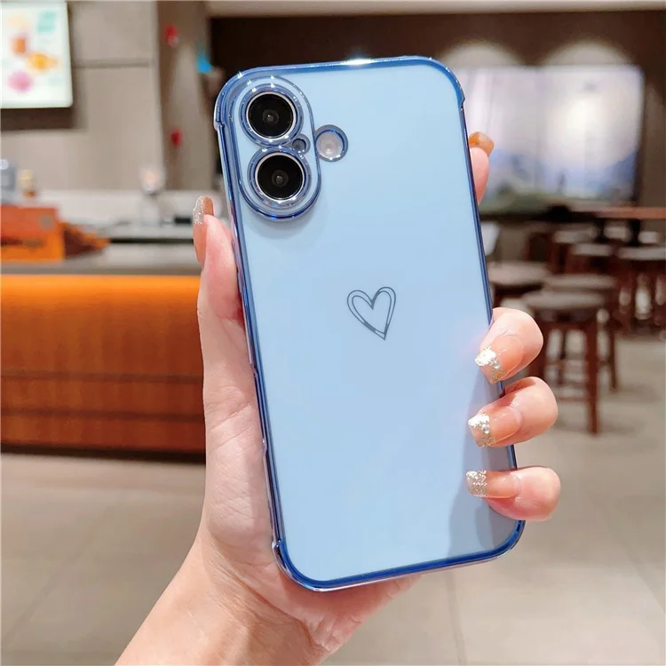 For iPhone 16 Case Love Heart Pattern TPU Phone Cover Electroplating Edge - Blue