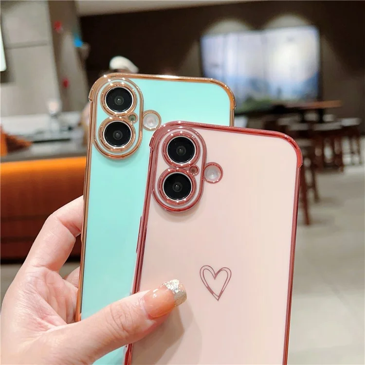 For iPhone 16 Case Love Heart Pattern TPU Phone Cover Electroplating Edge - Blue