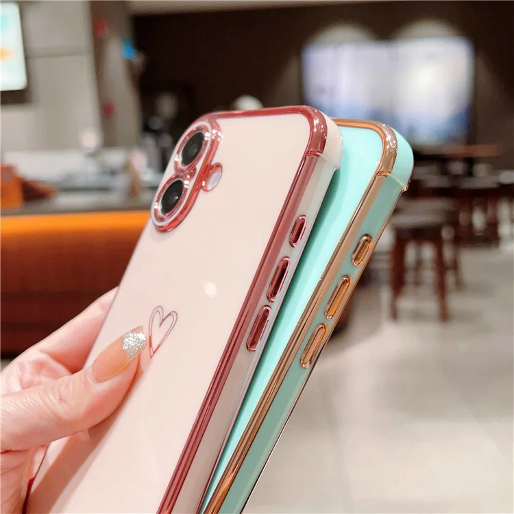 For iPhone 16 Case Love Heart Pattern TPU Phone Cover Electroplating Edge - Blue
