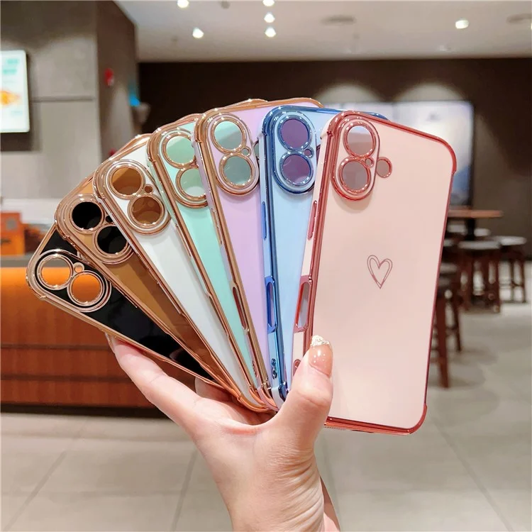 For iPhone 16 Case Love Heart Pattern TPU Phone Cover Electroplating Edge - Blue