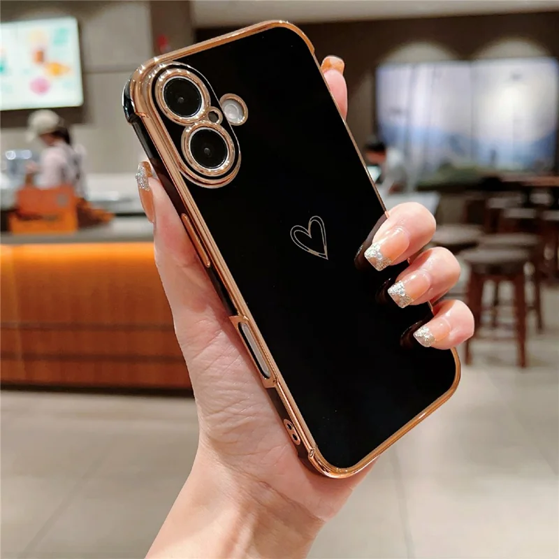 Чехол для iPhone 16 Plus с рисунком в форме сердца, выполненный из TPU, с электролитическим краем - черный