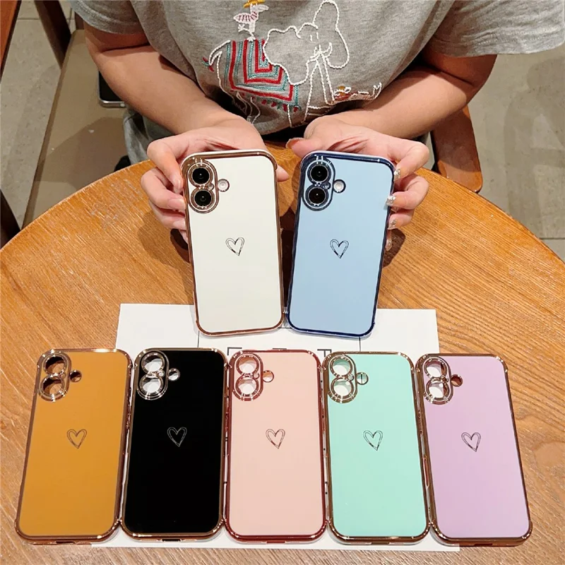 Чехол для iPhone 16 Plus с рисунком в форме сердца, выполненный из TPU, с электролитическим краем - черный