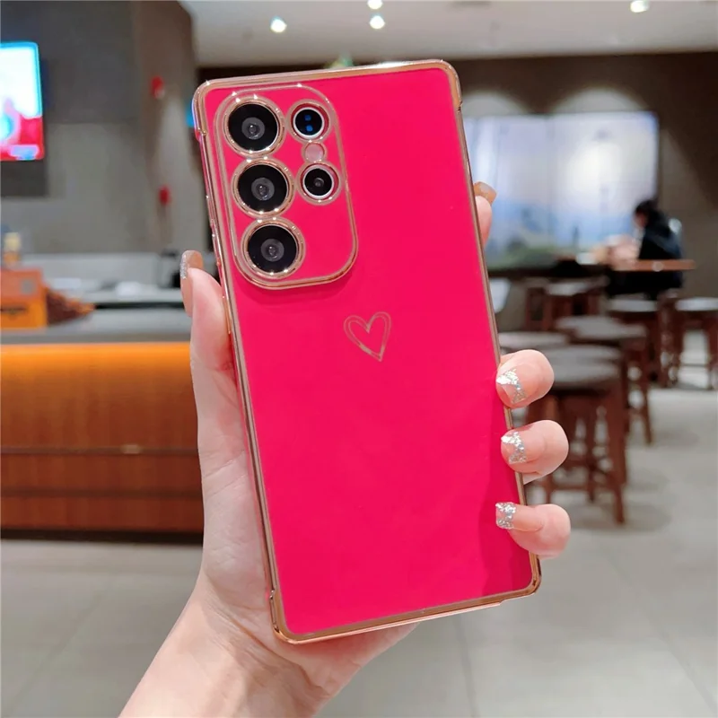 For Samsung Galaxy S24 Ultra Case Love Heart Pattern TPU Phone Cover Electroplating Edge - Rose