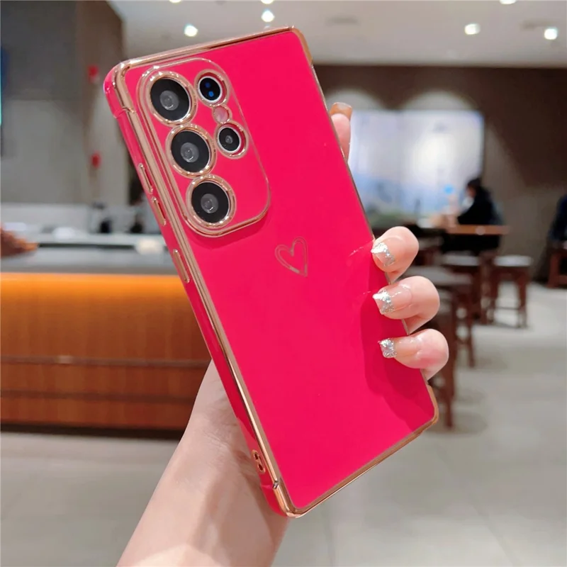 For Samsung Galaxy S24 Ultra Case Love Heart Pattern TPU Phone Cover Electroplating Edge - Rose