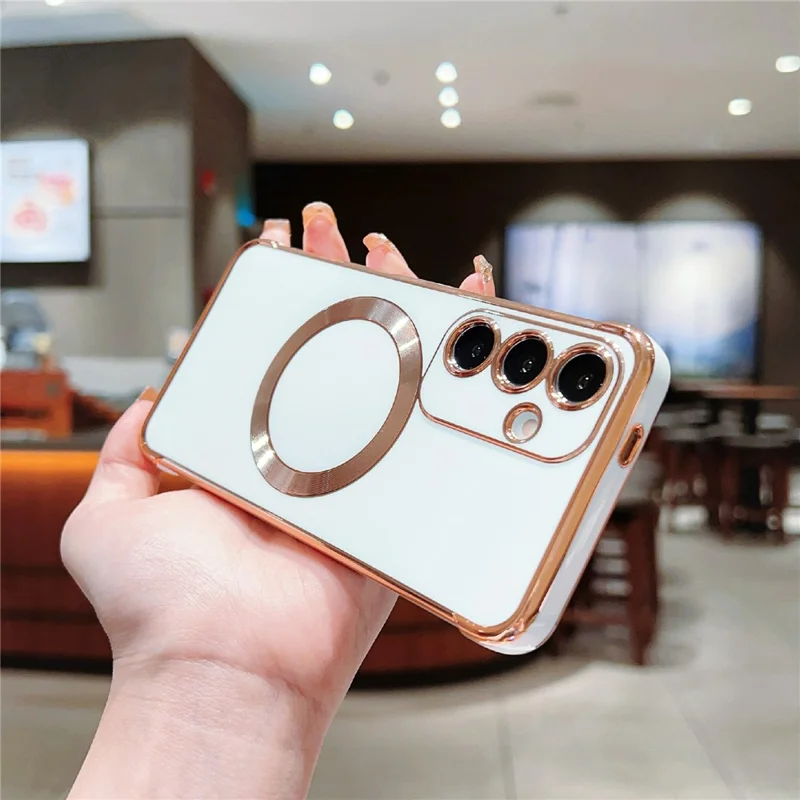 For Samsung Galaxy S24 Magnetic Case Electroplating TPU Phone Cover - Ivory White