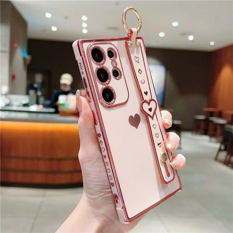 Capa para Samsung Galaxy S25 Ultra com pulseira, suporte, coração de amor, capa de TPU e suporte para dedo - Rosa