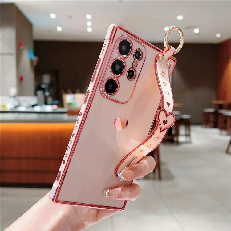 Capa para Samsung Galaxy S25 Ultra com pulseira, suporte, coração de amor, capa de TPU e suporte para dedo - Rosa