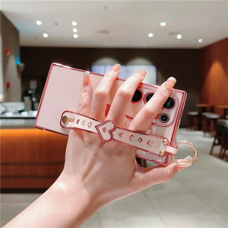 Capa para Samsung Galaxy S25 Ultra com pulseira, suporte, coração de amor, capa de TPU e suporte para dedo - Rosa
