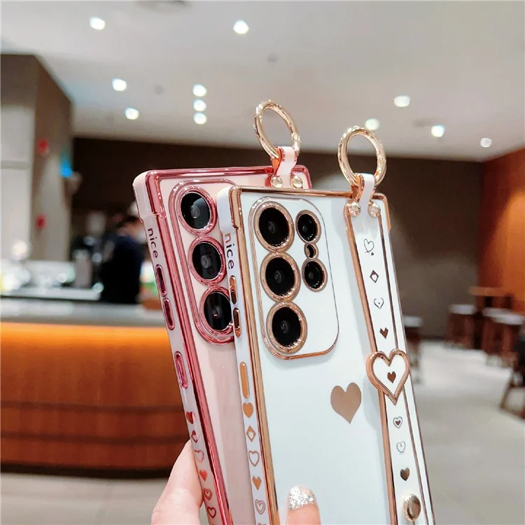 Capa para Samsung Galaxy S25 Ultra com pulseira, suporte, coração de amor, capa de TPU e suporte para dedo - Rosa