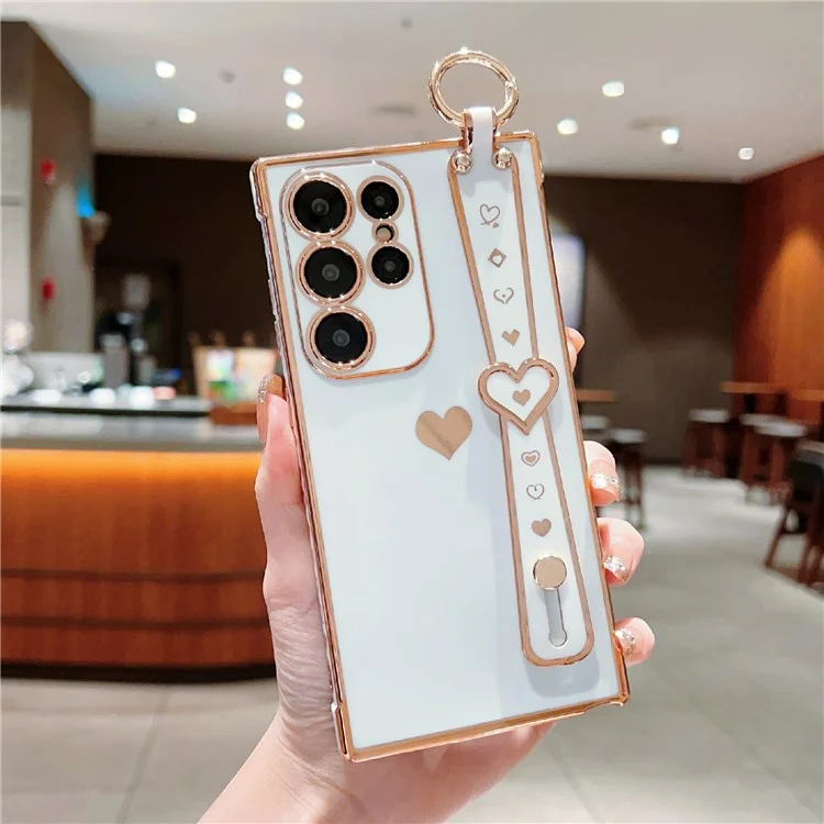 Für Samsung Galaxy S25 Ultra Hülle Armband Ständer Liebe Herz TPU Handyhülle Fingerhalter - Elfenbeinweiß