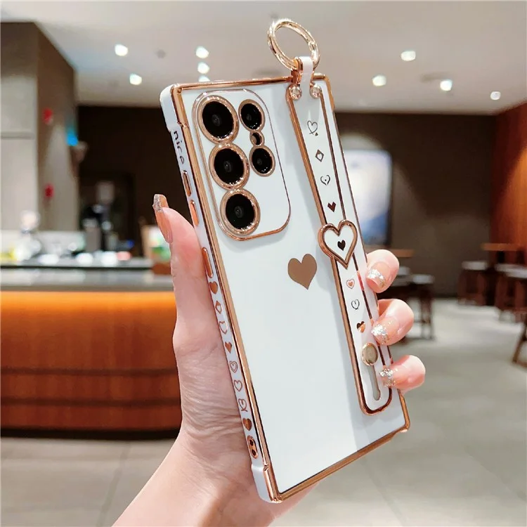 Für Samsung Galaxy S25 Ultra Hülle Armband Ständer Liebe Herz TPU Handyhülle Fingerhalter - Elfenbeinweiß