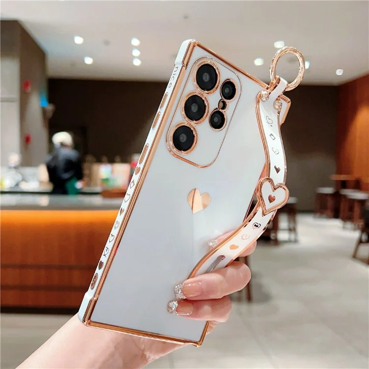 Für Samsung Galaxy S25 Ultra Hülle Armband Ständer Liebe Herz TPU Handyhülle Fingerhalter - Elfenbeinweiß