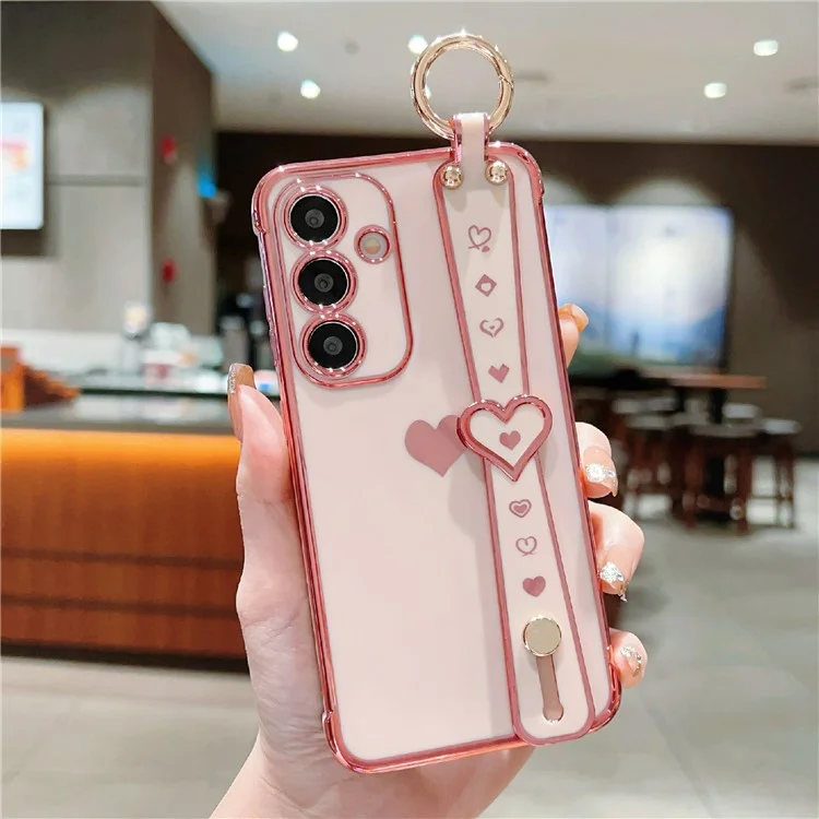 Capa para Samsung Galaxy S25 com pulseira, suporte e coração de TPU - Rosa