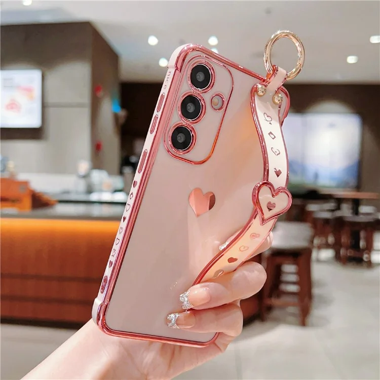 Capa para Samsung Galaxy S25 com pulseira, suporte e coração de TPU - Rosa