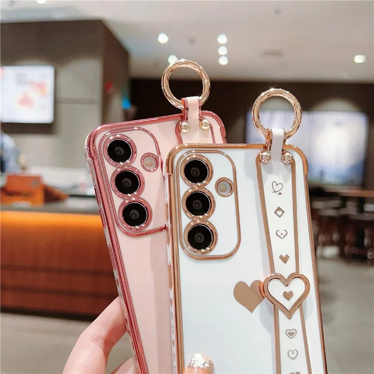 Capa para Samsung Galaxy S25 com pulseira, suporte e coração de TPU - Rosa