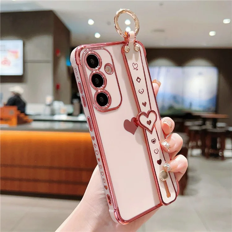 Capa para Samsung Galaxy S25+ com pulseira, suporte e design de coração em TPU - Rosa
