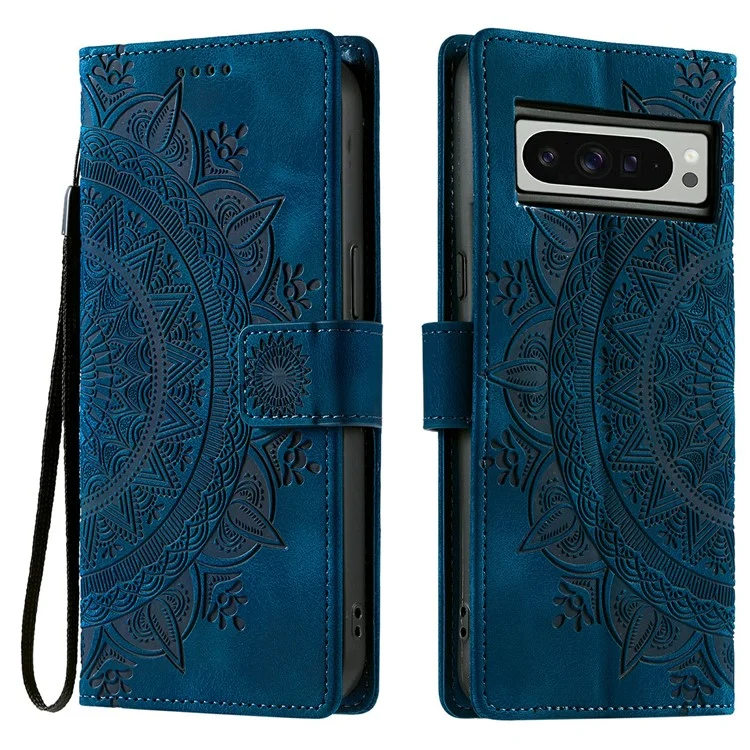 Estilo 018 para Google Pixel 9 Pro XL Funda Piel de Totem Grabado Sensación de Billetera Cubierta de Teléfono de Cuero - Azul