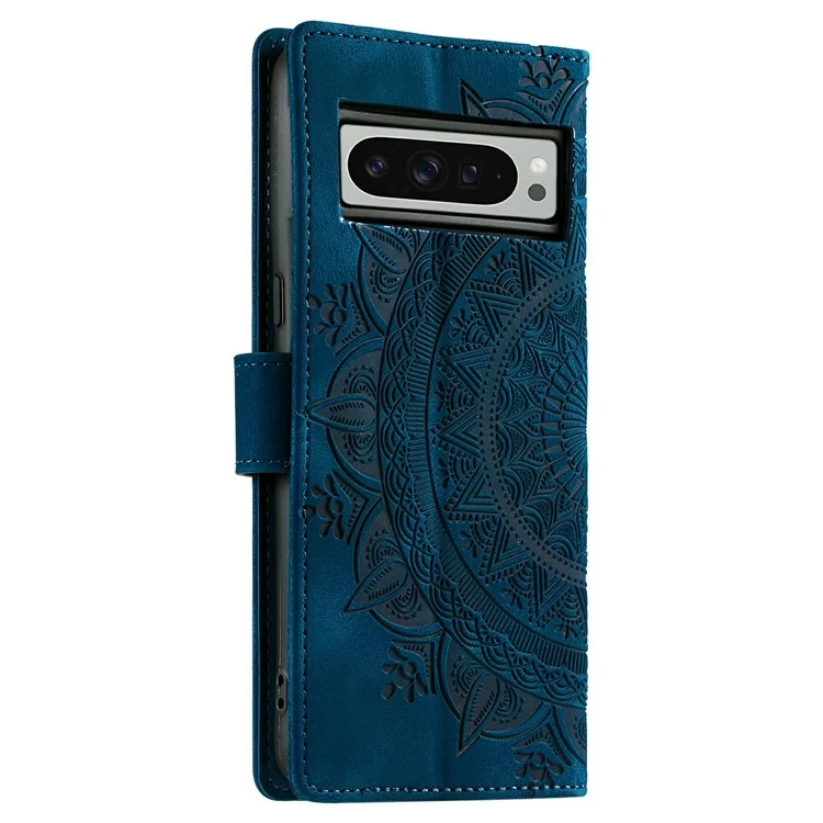 Estilo 018 para Google Pixel 9 Pro XL Funda Piel de Totem Grabado Sensación de Billetera Cubierta de Teléfono de Cuero - Azul
